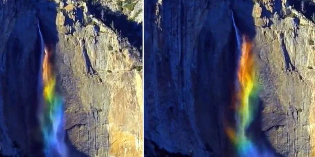 A fountain of color is pouring down the mountain fissure